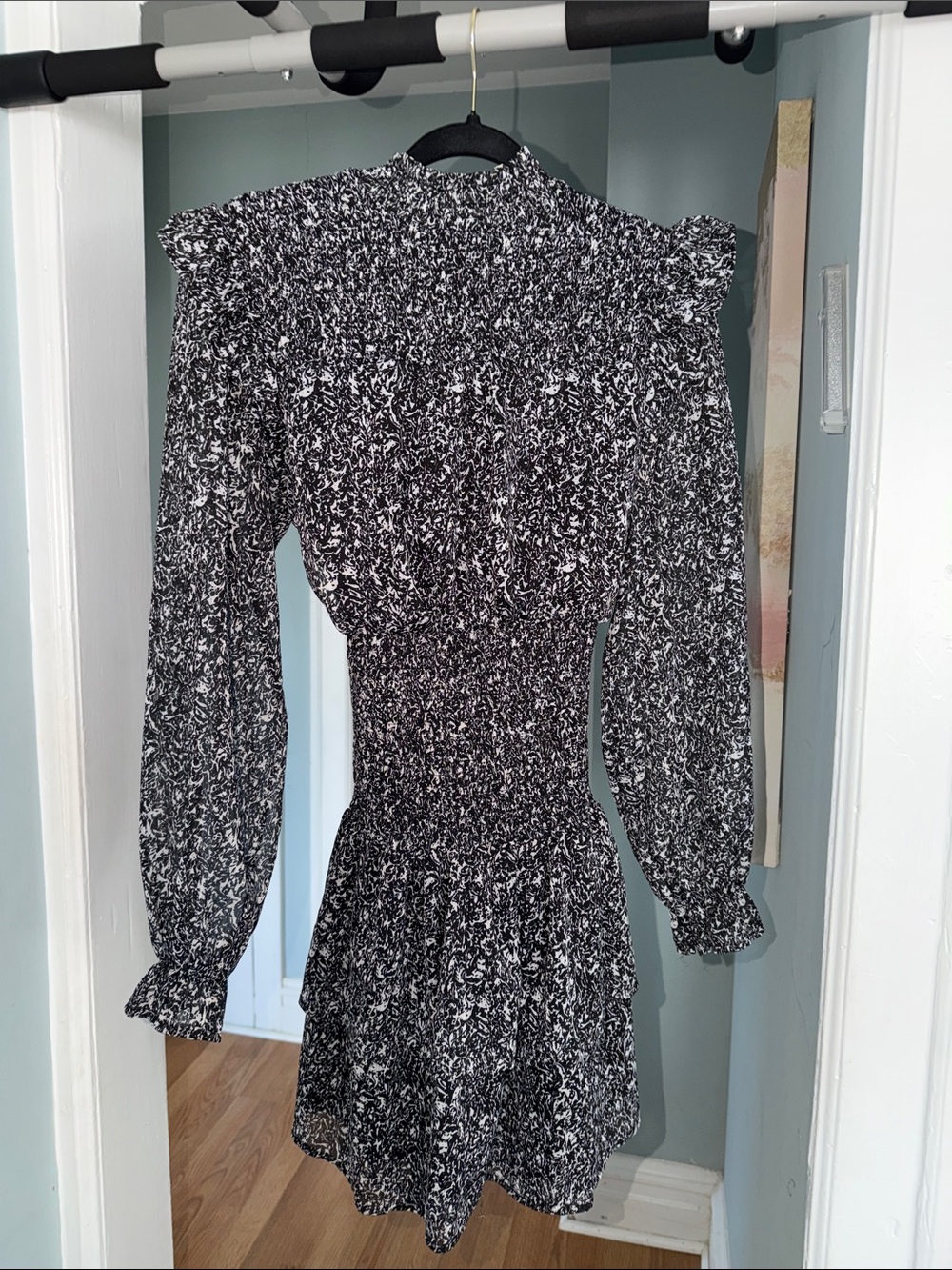 Smocked Black & White Long-Sleeve Mini Dress